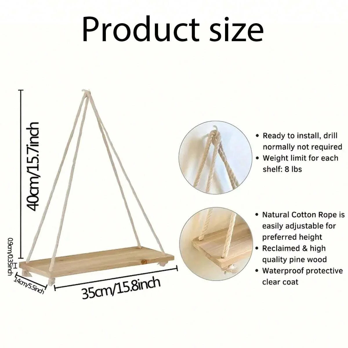 Wooden Swing Hanging Hemp Rope Wall Shelf